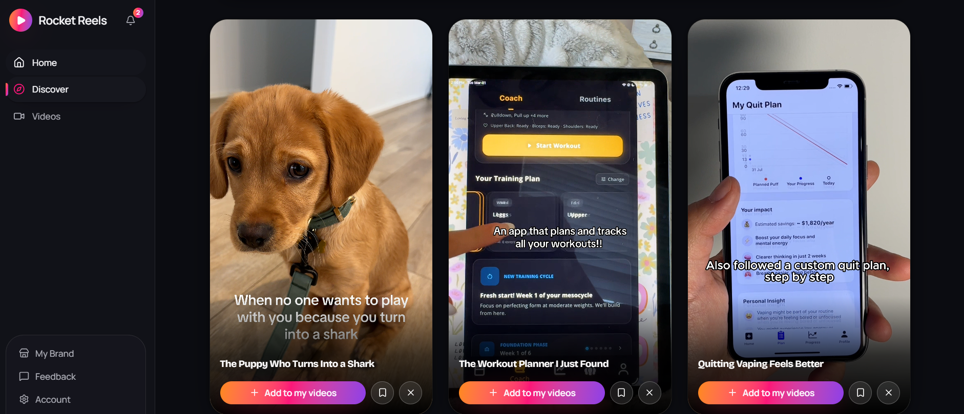 Rocket Reels Discover showing high-performing UGC videos that brands can select and add to their video ideas.
